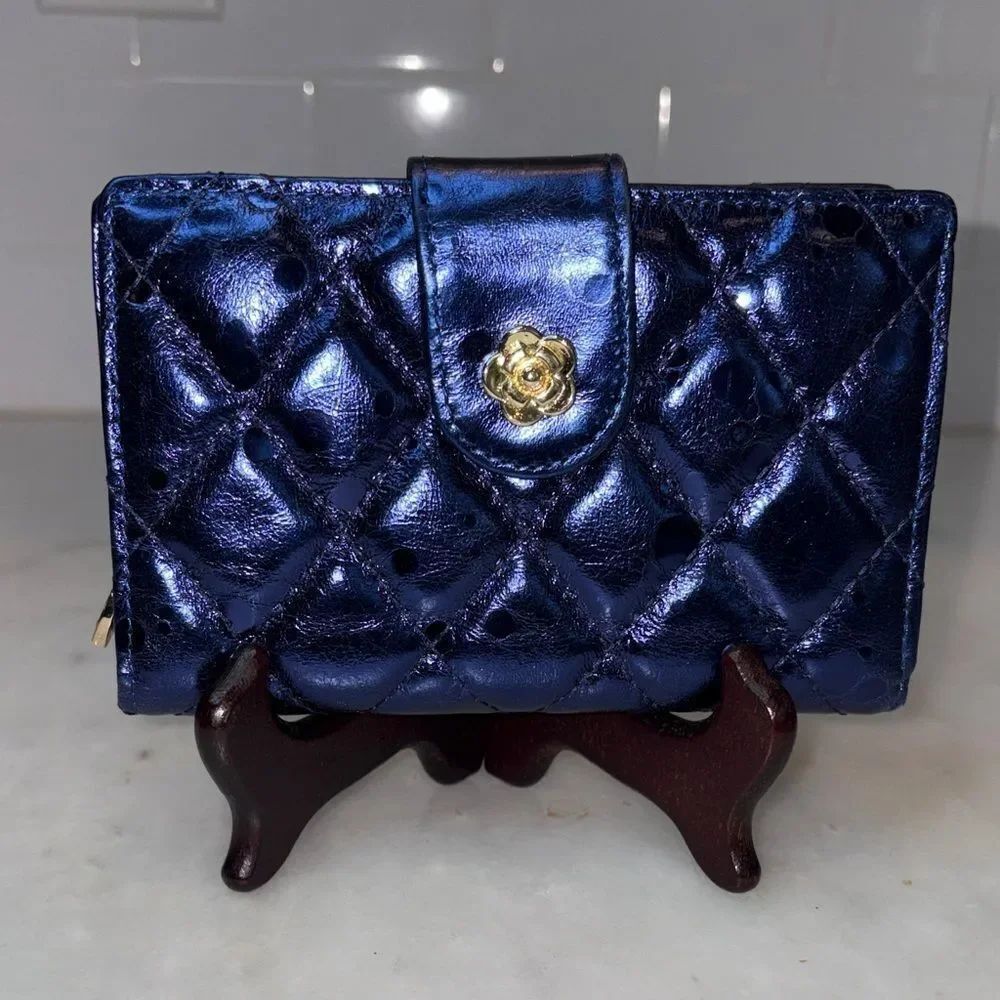 Borgasets Mini Wallet Purse Small Compact Quilted Leather Metallic RFID